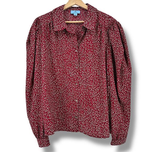 CeCe Ditsy Floral Print Puff Sleeve Button Shirt Plus Size 1X Red Black White - Picture 1 of 7